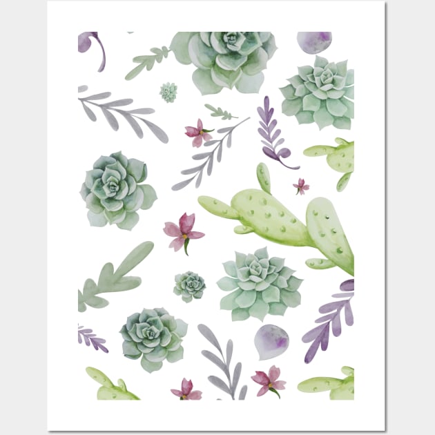 Cactus and Wreath Watercolor Pattern 1 Wall Art by B&K